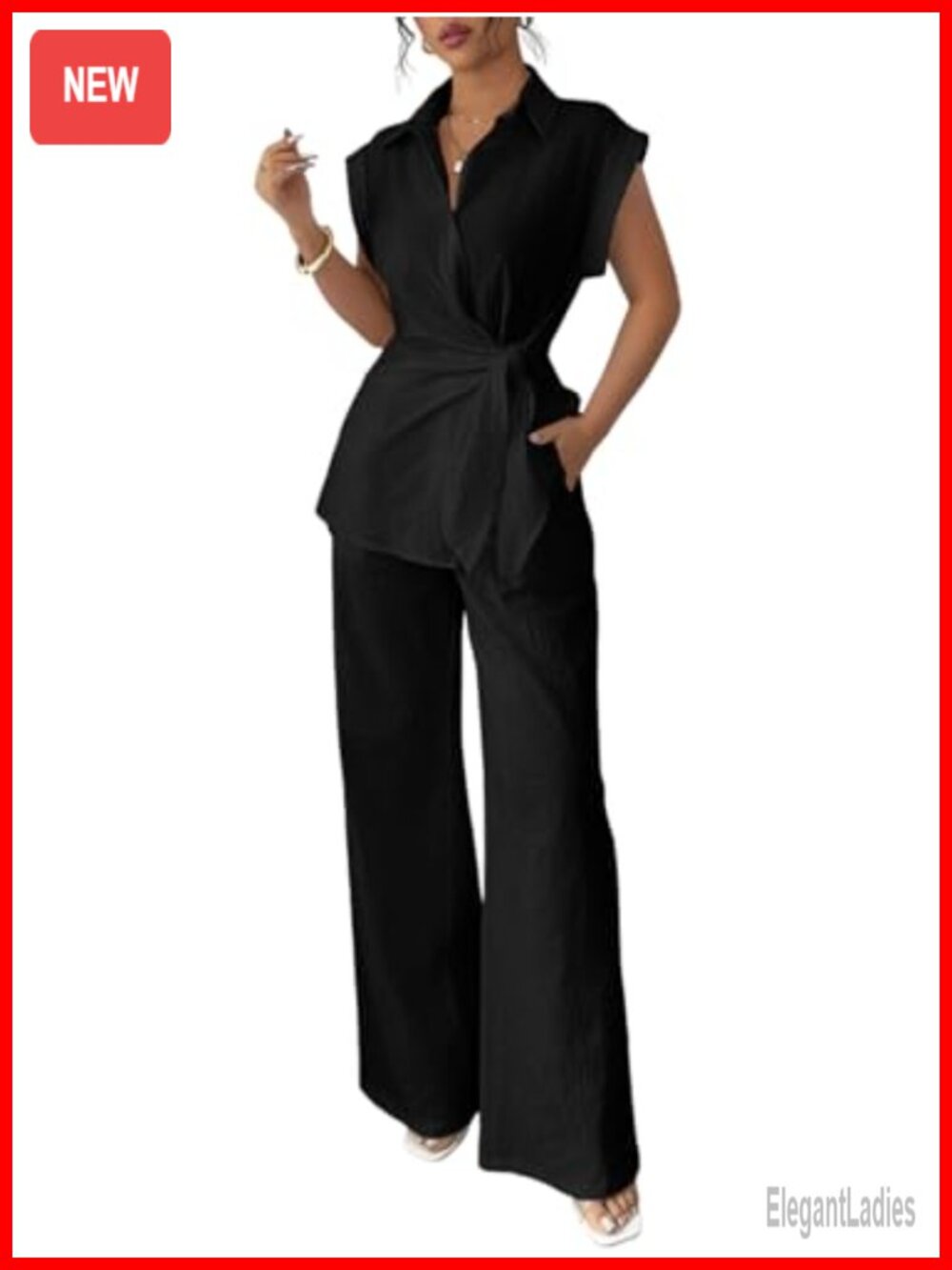 Two Piece Set Cap Sleeve Tie Waist Shirt Wide Leg Pants Dressy Office